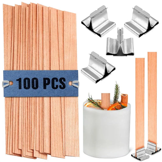 Flat Wooden Candle Wicks with Iron Stand and Base Holder – Wooden Wick Cores for DIY Candle Making
