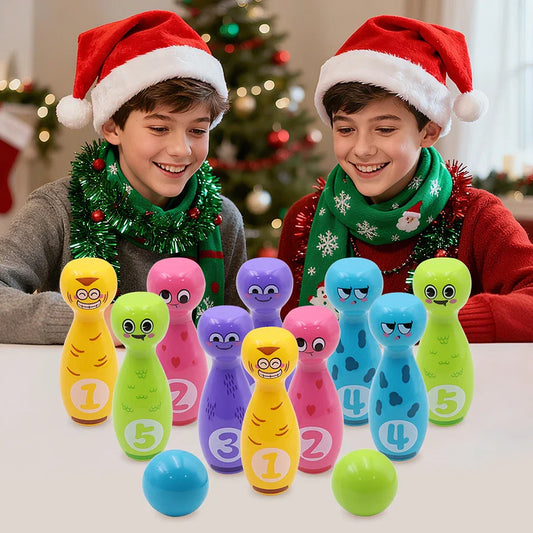 Kids Cartoon Bowling Set, 10 Pins & 2 Balls with Expressive Faces, Gift Box for Indoor & Outdoor Party Games