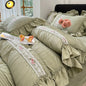Princess Lace Ruffle Washed Cotton Duvet Cover Set - Seersucker Soft Bedding, 3/4-Piece (Single, Queen, King)