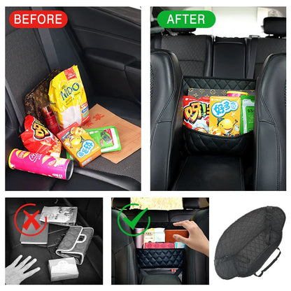 Leather Car Seat Middle Hanger Organizer – Large Capacity Between-Seats Handbag Holder with Tissue & Cup Pockets