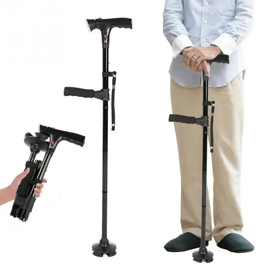 Collapsible Telescopic Walking Cane with LED Light & Alarm, Adjustable 4-Point Quad Base T-Handle for Seniors