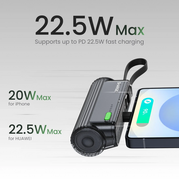 Flow Mini Portable Power Bank 5000mAh 22.5W Fast Charging Dual USB-C with Built-in Lightning & USB-C Cables