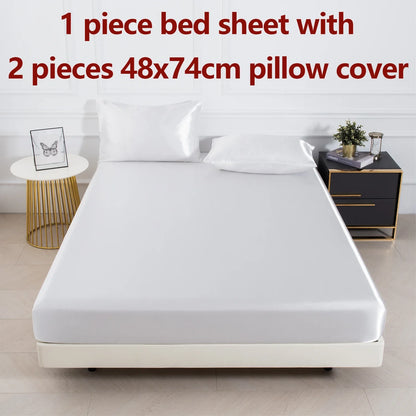 Satin Fitted Sheet Set 3-Piece (1 Fitted Sheet + 2 Pillowcases) Soft Breathable Solid Color Bedding