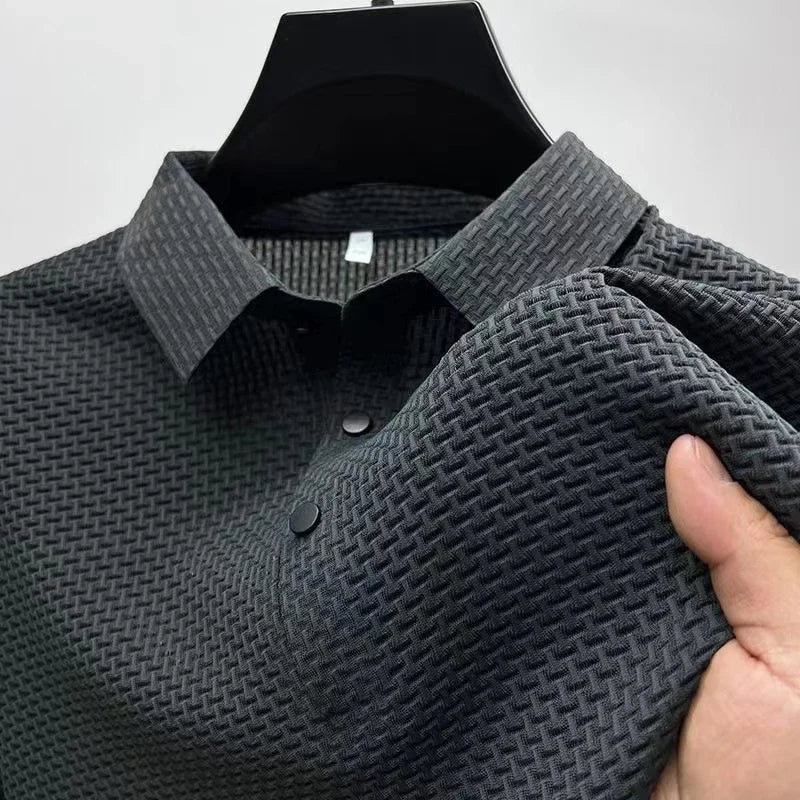 Men's Business Casual Short-Sleeve Polo Shirt – Breathable Solid Bone Flower Design