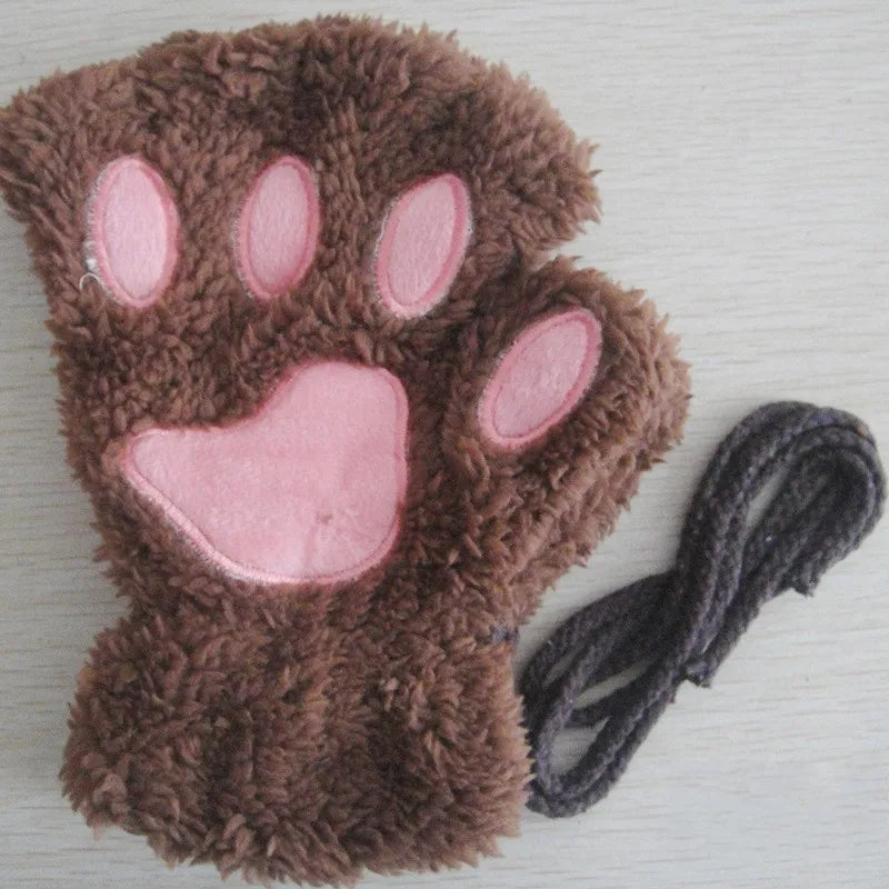 Cute Cat Paw Fingerless Mittens Plush Half-Finger Warm Fluffy Gloves for Women & Unisex