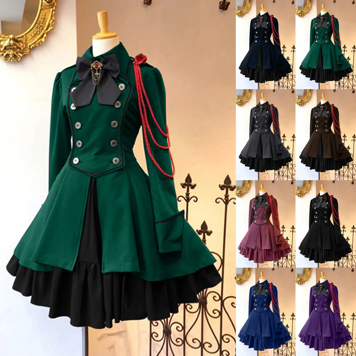 MAIGSWHOO Plus Size Gothic Lolita A-Line Princess Dress – Bow Collar, Trumpet Sleeve, Lace-Up Ruffles, Medieval Retro Style, S–5XL