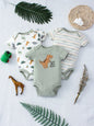3PCS Baby Bodysuit Set for Boys | Summer Short Sleeve Cotton Romper with Cartoon Dinosaur & Stripe Designs