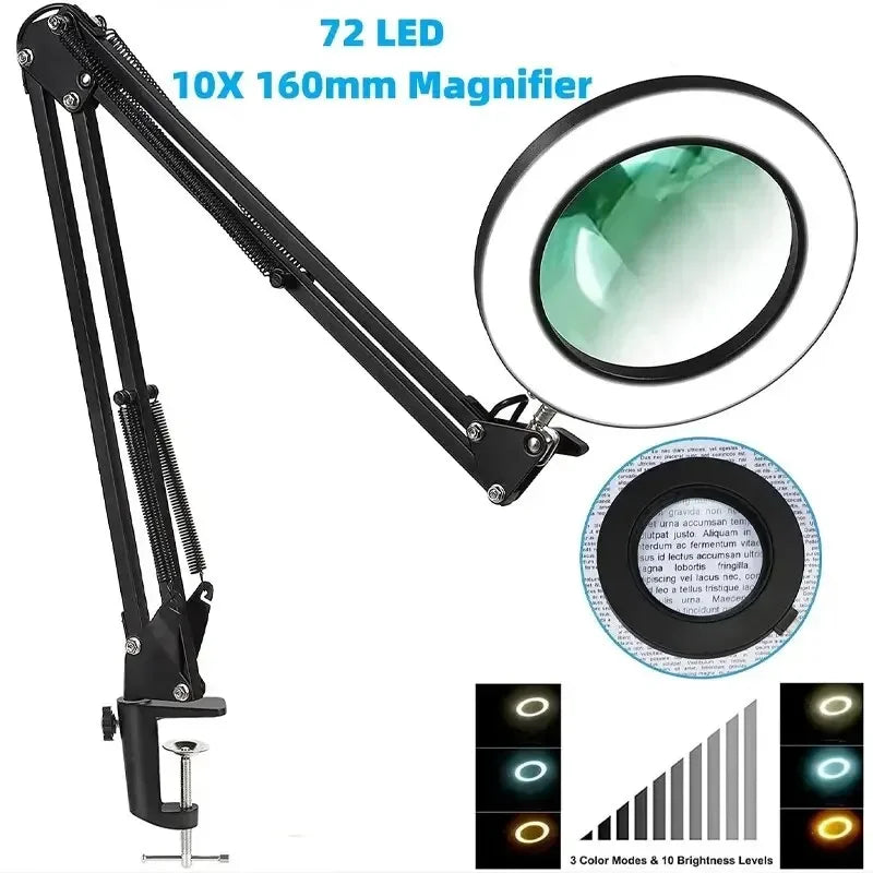 LED Magnifying Lamp 72-LED USB Illuminated Magnifier 8X/10X Adjustable Arm for Soldering, Repair, Crafts & Skincare