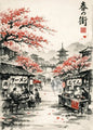 Japanese Ink Painting Landscape Spring Cherry Blossoms Canvas Print Asian Style Wall Art Poster for Living Room Home Decor Gift