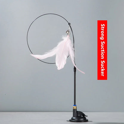 Interactive Cat Feather Teaser Wand with Bell, Extendable Rod, Suction Cup & Replaceable Feather Head