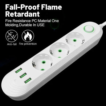 EU Plug 2m (6.6ft) 2500W Power Strip 3 EU Sockets 3 USB Fast Charging Surge Protector with On/Off Switch