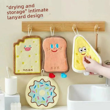 Triple-Layer Coral Fleece Hanging Hand Towel 27 x 22 cm (10.6 x 8.7 in) Super Soft Absorbent Cartoon Kitchen & Bathroom Towel with Hanging Loop