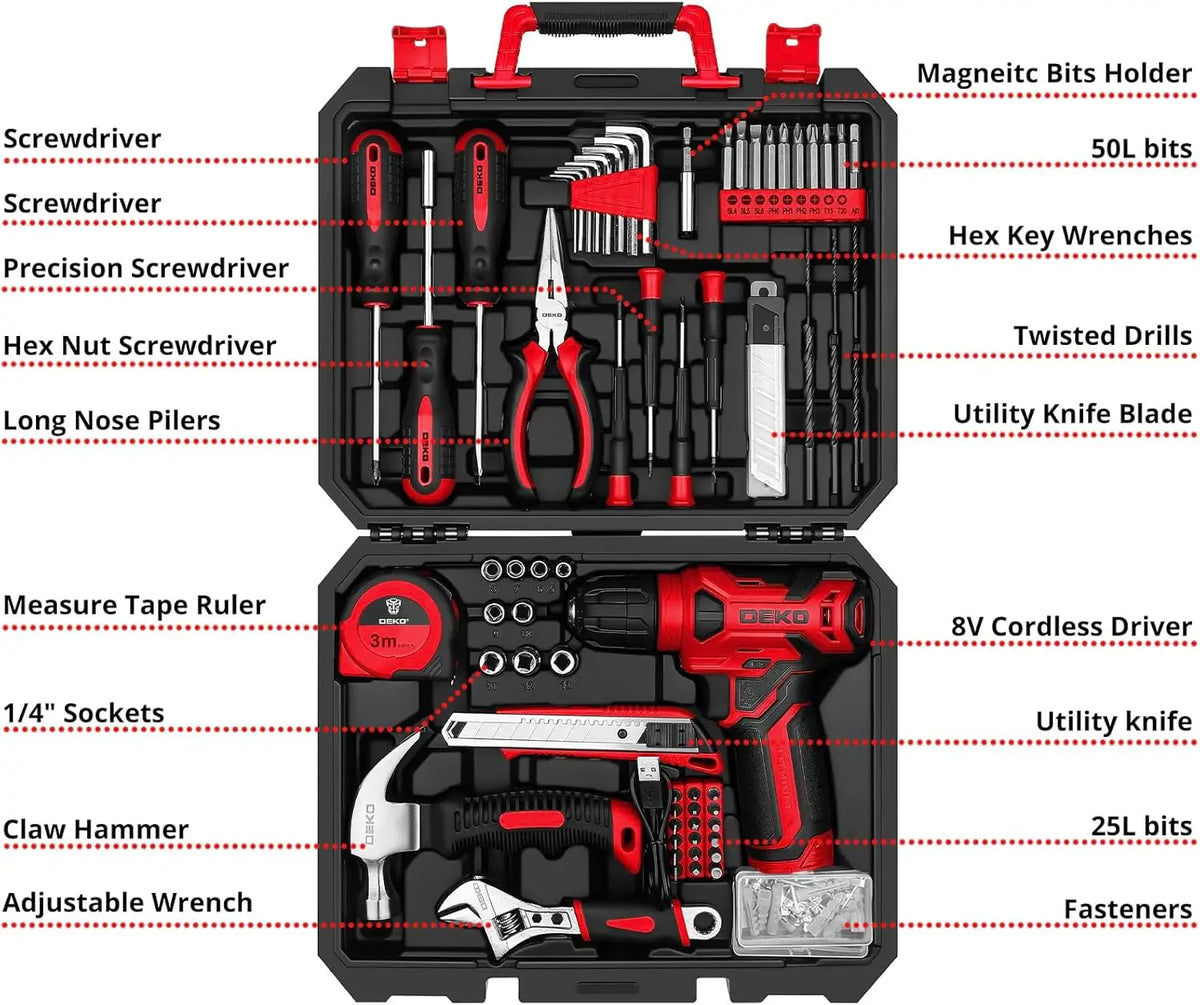 DEKO 126-Piece Home Tool Kit with 8V Cordless Drill - USB Rechargeable, 1.65 lb, CE Certified, 1-Year Warranty