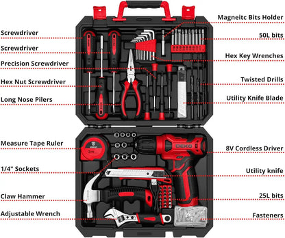DEKO 126-Piece Home Tool Kit with 8V Cordless Drill - USB Rechargeable, 1.65 lb, CE Certified, 1-Year Warranty