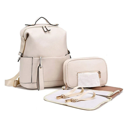 PU Leather Diaper Bag — Large Capacity Maternity Backpack with Changing Pad & Detachable Stroller Straps