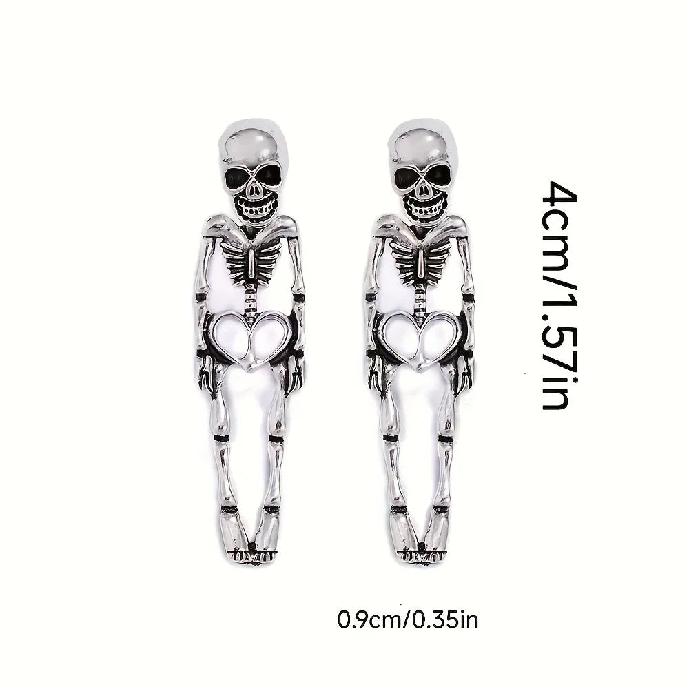 Halloween Skull Skeleton Dangle Earrings for Women – Neo-Gothic Punk Drop Earrings, Antique Silver Zinc Alloy, Detachable – 1 Pair