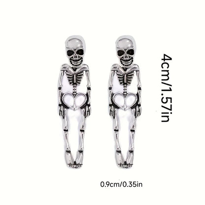 Halloween Skull Skeleton Dangle Earrings for Women – Neo-Gothic Punk Drop Earrings, Antique Silver Zinc Alloy, Detachable – 1 Pair