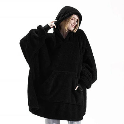 Women's Thick Winter Fleece Hooded Pullover Jacket – Double-Layer Warm Long Hoodie with Pockets