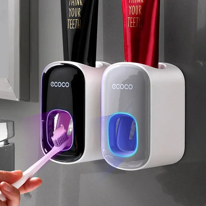 Automatic Wall-Mounted Toothpaste Dispenser with Toothbrush Holder — Suction Adhesive, Black/Gray