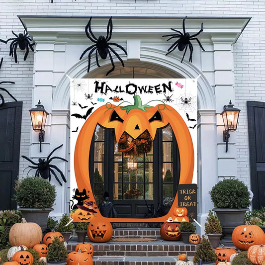 Halloween Pumpkin Door Banner & Photo Backdrop – Large Scary Pumpkin Polyester Decoration for Front Door, Party & Photo Booth