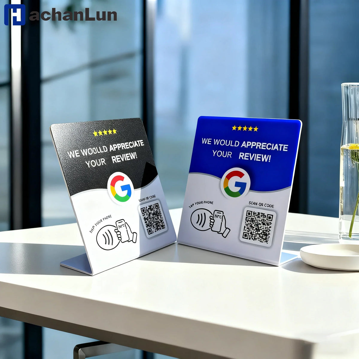 HACHANLUN Programmable NFC 215 QR code Google Review NFC Display rack 13.56Mhz Five Star Rating System Customer Feedback Tool