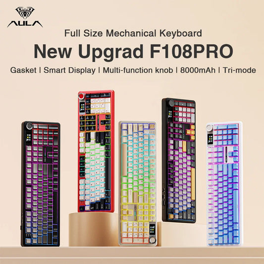 108-Key Wireless Bluetooth Gaming Keyboard Full-Size — Gasket-Mount Hot-Swappable with TFT Smart Display, RGB, Macro Knob, 8000mAh Battery