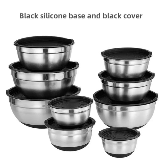 6-Piece Stainless Steel Mixing Bowls with Lids & Silicone Non-Slip Bases — Thickened Baking and Salad Bowls