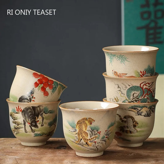 Handmade Zodiac Ceramic Teacup 110ml (3.7 fl oz) Vintage Pottery Tea Bowl for Meditation & Gongfu Tea