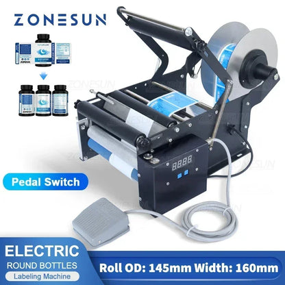 ZONESUN ZS-TB16P Electric Round Bottle Labeling Machine - Pedal and One-Key Modes, Labels up to 160mm Wide