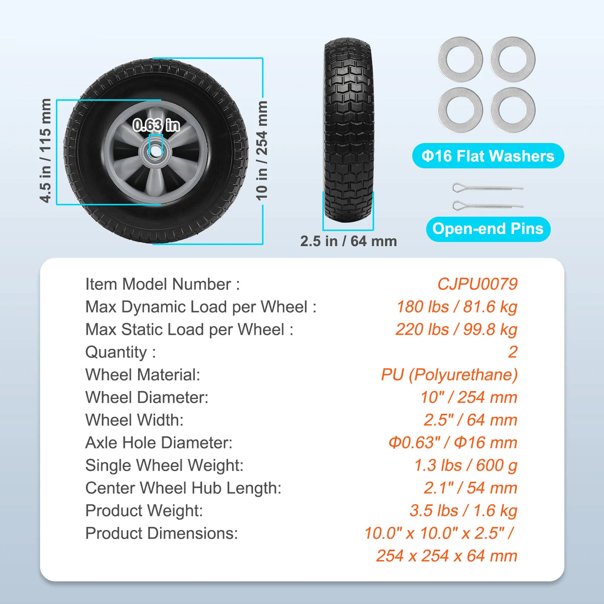 SucceBuy 2-Pack 10 in Solid PU Cart Wheels, 180/400 lb Options