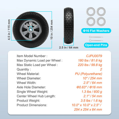 SucceBuy 2-Pack 10 in Solid PU Cart Wheels, 180/400 lb Options