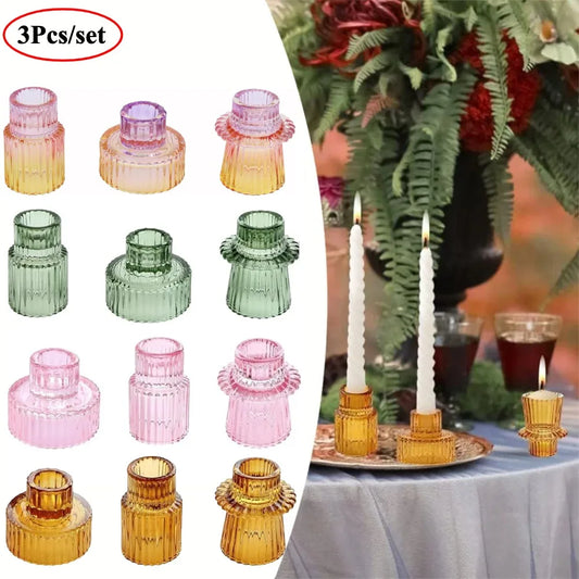 3-Pack Ribbed Double-Ended Glass Candle Holders — Vintage Taper & Tealight Centerpiece Set for Weddings, Dinner Parties, Home Decor