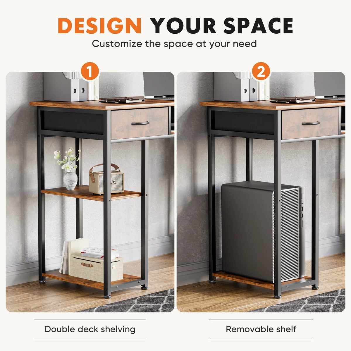 JHK 48" Computer Desk with Fabric Drawers, Storage Shelves, Middle Cube - Metal Frame, Adjustable Feet, Modern Home Office Desk, Brown/Black/White