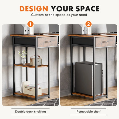 JHK 48" Computer Desk with Fabric Drawers, Storage Shelves, Middle Cube - Metal Frame, Adjustable Feet, Modern Home Office Desk, Brown/Black/White