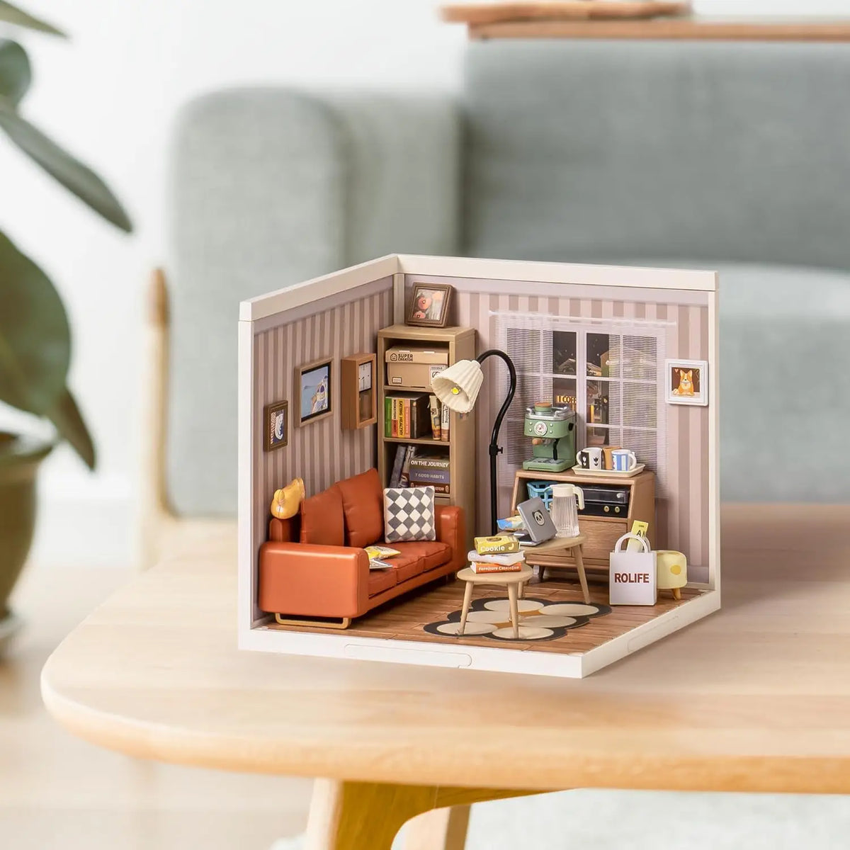 Rolife Cozy Living Lounge DIY Miniature House Kit - 114-Piece Super Creator Stackable Dollhouse with LED, for Adults & Teens 14+ (DW007)