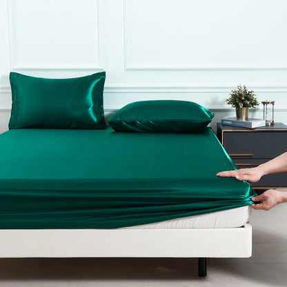 Satin Fitted Sheet Set 3-Piece (1 Fitted Sheet + 2 Pillowcases) Soft Breathable Solid Color Bedding