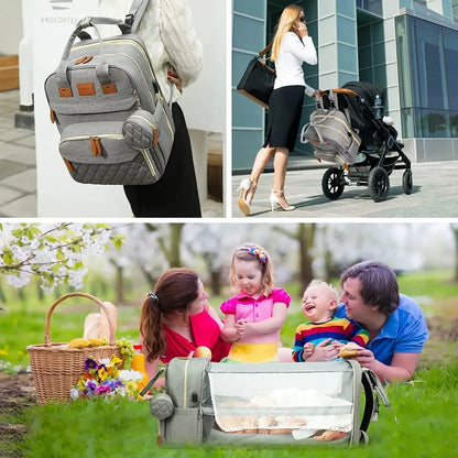 3-in-1 Diaper Bag Backpack with Foldable Changing Bed, Waterproof Travel Bag with USB Charging Port