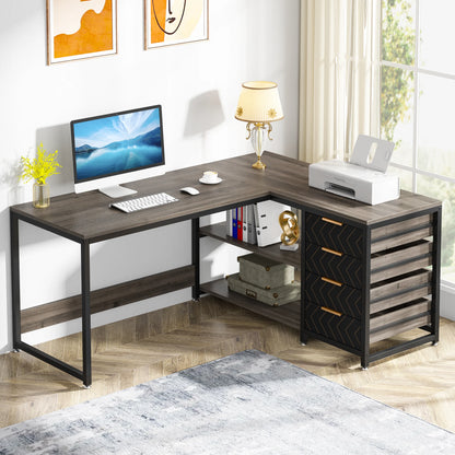 Tribesigns 59" L-Shaped Corner Desk - 4 Drawers, 2-Tier Open Shelf, Reversible, E1 Particle Board, Metal Frame, Adjustable Feet, 1-Year Warranty - Dark Gray / Chocolate / White