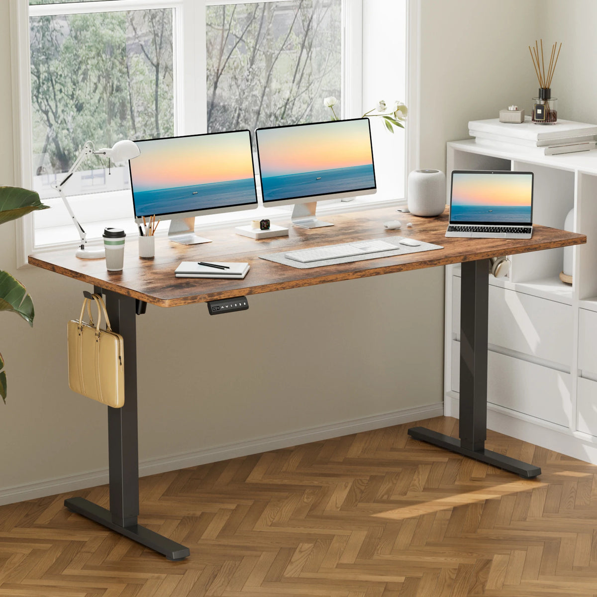 JHK 63" x 24" Electric Standing Desk - 28.35"-46.46" Height, 3 Memory Presets, 154 lbs Capacity, Anti-Collision, EPA/CARB, Oak/Black/White/Rust