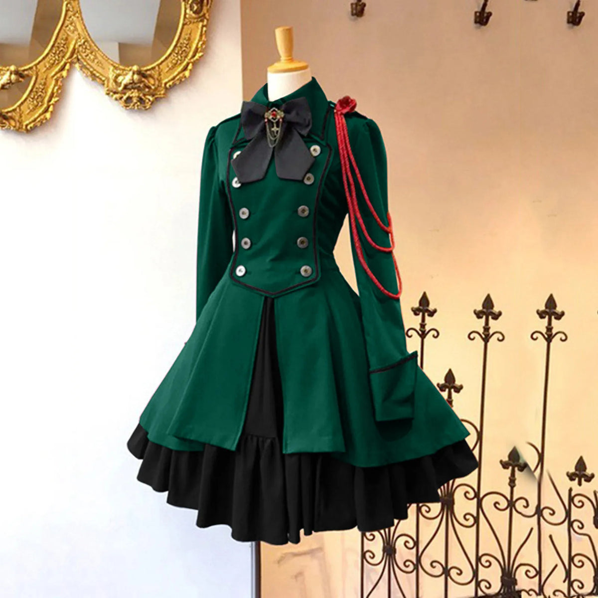 MAIGSWHOO Plus Size Gothic Lolita A-Line Princess Dress – Bow Collar, Trumpet Sleeve, Lace-Up Ruffles, Medieval Retro Style, S–5XL