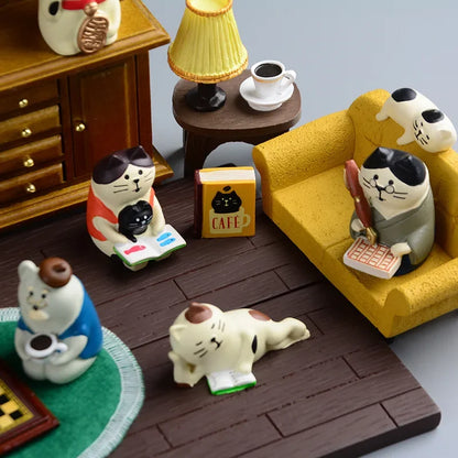ZAKKA Miniatures Study Bookcase Home Decor Cute Cartoon Cat Retro Desk Gramophone Ornament Crafts Dollhouse Accessories Toy Gift