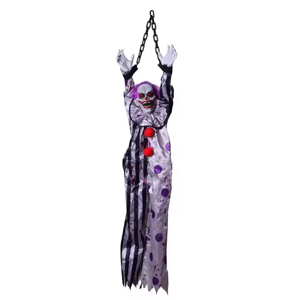 Animated Voice-Activated Hanging Ghost Clown Prop – 150cm Electric Vibrating Body, Glowing Eyes & Scary Sounds for Haunted House & Halloween Decor