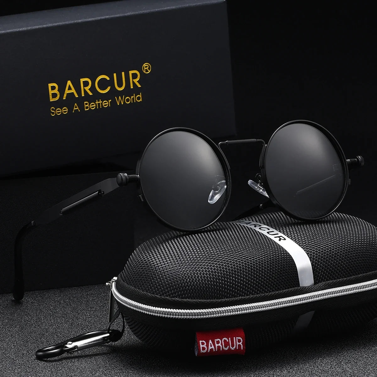 BARCUR Polarized Round Steampunk Sunglasses Retro UV400 Metal Frame for Men Women