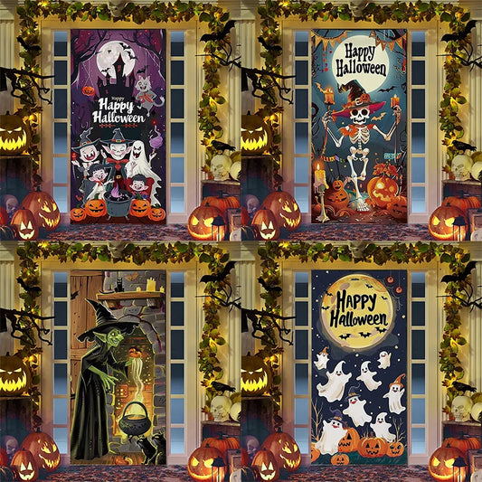 Printed Door Curtain Hanging Decoration – Halloween Ghost & Pumpkin, Christmas Reindeer – Polyester Party Entrance Ornament, 91×203cm, 4 Designs