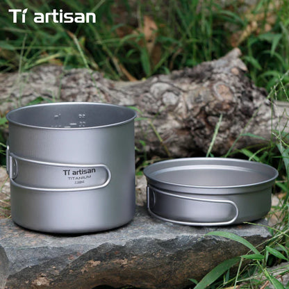 Ultralight Titanium Camping Cookware Set – Folding Handle Pot & Frying Pan for Backpacking, Hiking & Picnic
