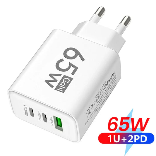 65W GaN USB-C PD Fast Charger — 3-Port USB-A/USB-C QC3.0 Power Adapter