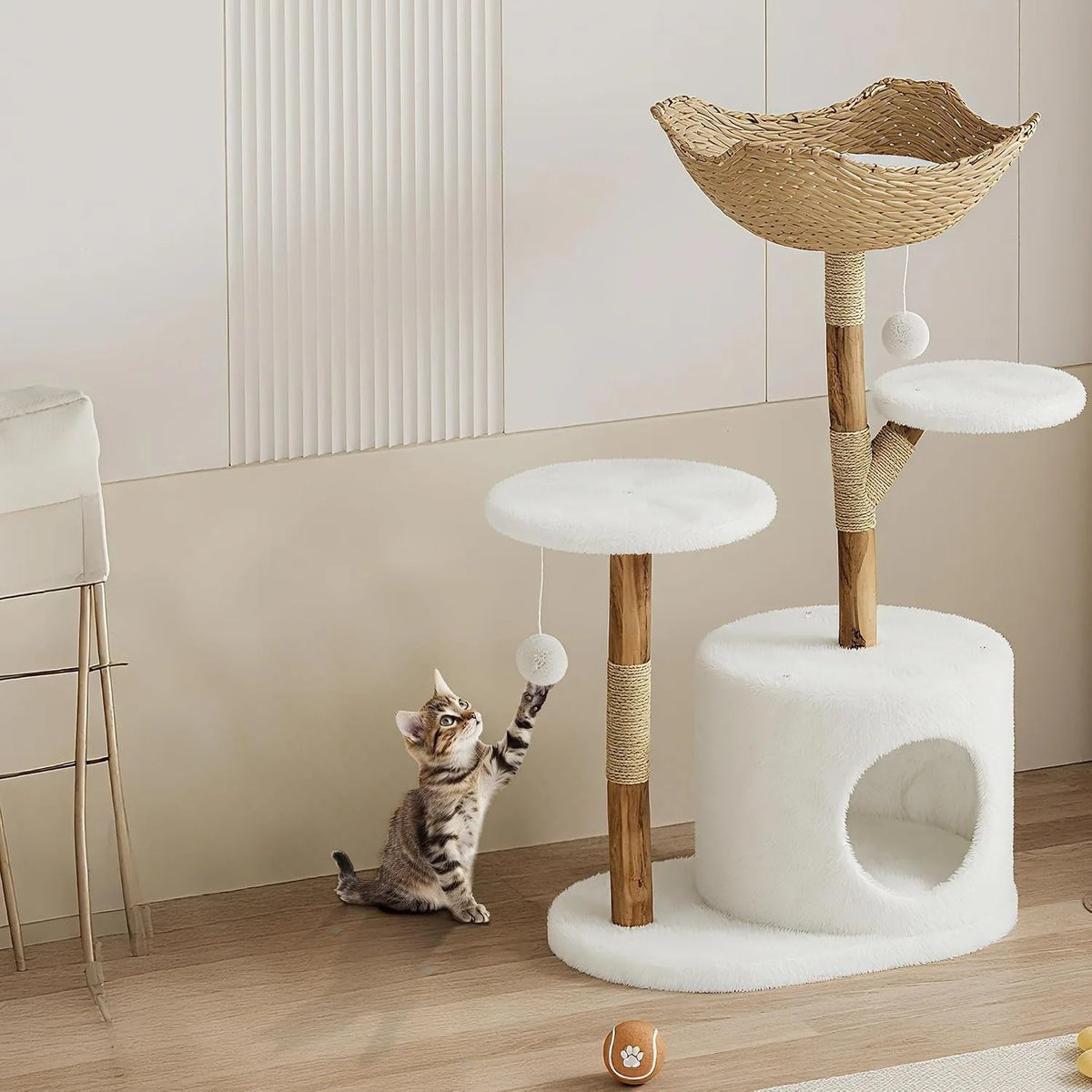43" Wood & Rattan Multi-Level Cat Tree Tower - Large Cat, Multi-Level Perches, Floor Mount, Indoor, 28.74" x 17.32" Footprint