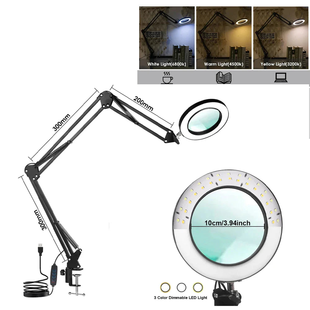 72-LED USB Magnifying Lamp 8X/10X 4.2in (106mm) Glass Lens Dimmable 3-Color LED Magnifier with Adjustable Arm & Clamp for Soldering Repair Crafts Beauty