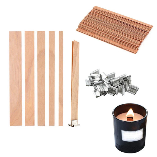 30/50-Pack Cherry Wood Candle Wicks with Metal Clip Bases – Smokeless Wooden Wicks for DIY Jar Candles