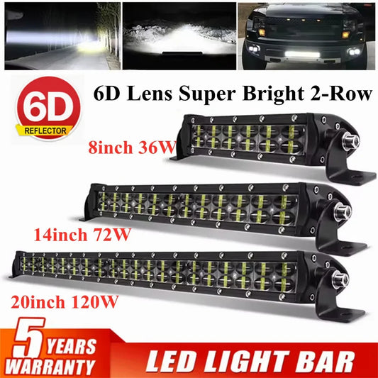 6D Lens Dual-Row LED Light Bar - Spot & Flood Combo, 8in (20cm) / 14in (36cm) / 20in (51cm), 36W/72W/120W, 12V-24V Off-Road Work Light for Truck ATV SUV